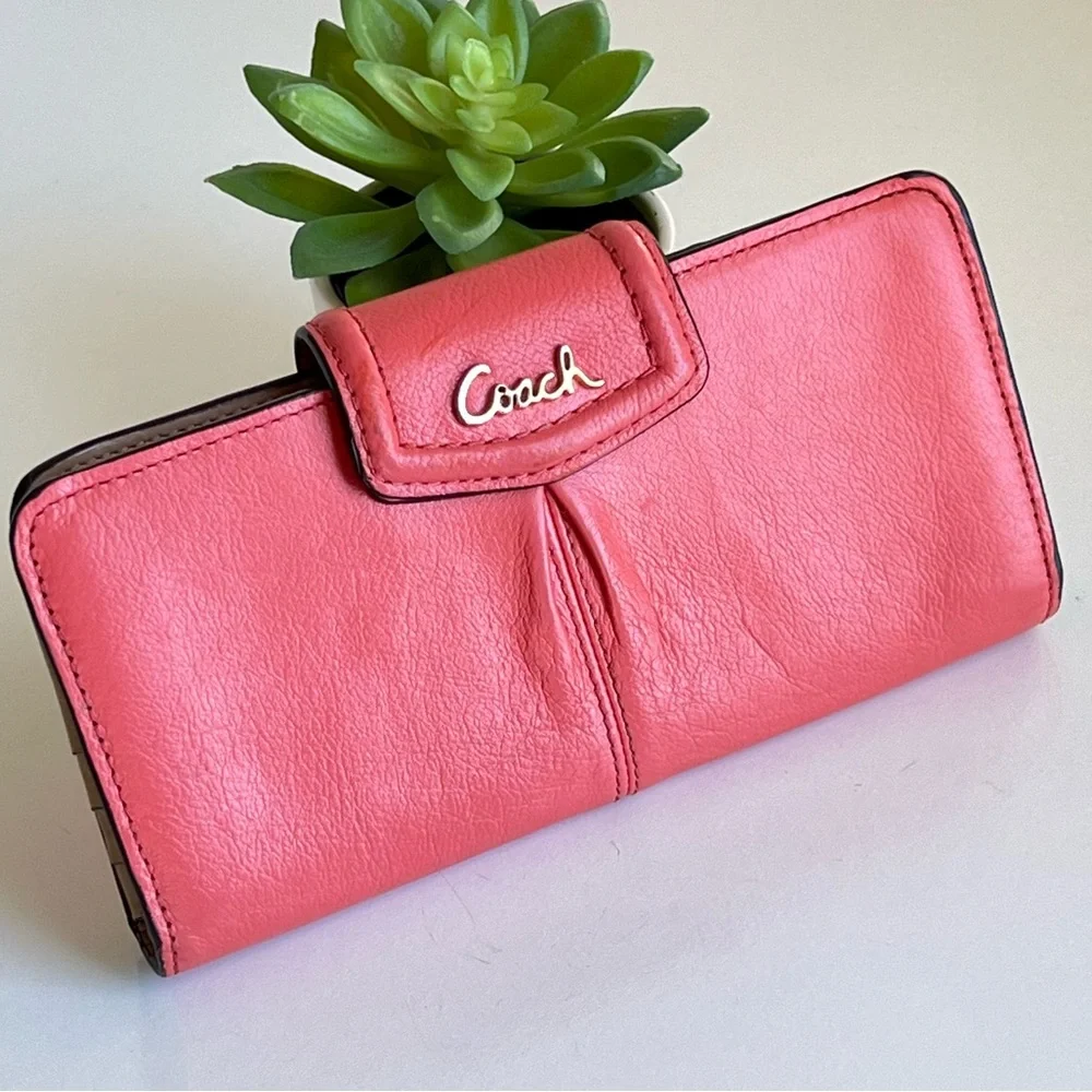 Coach Ashley Salmon Coral Pink Leather Signature Wallet